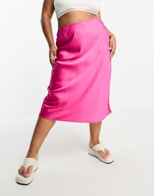 Simply Be satin midi skirt in pink