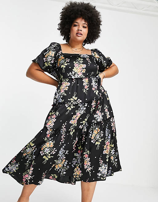 Dresses Simply Be satin midi smock dress with tiered hem in black floral print 