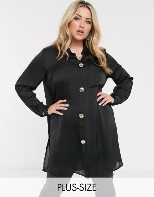 Simply Be satin shirt with gold buttons in black ASOS