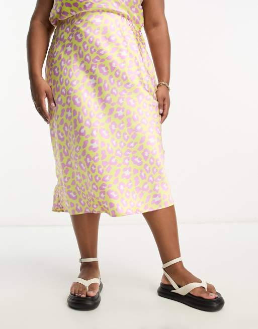 Simply Be satin slip midi skirt in yellow leopard print