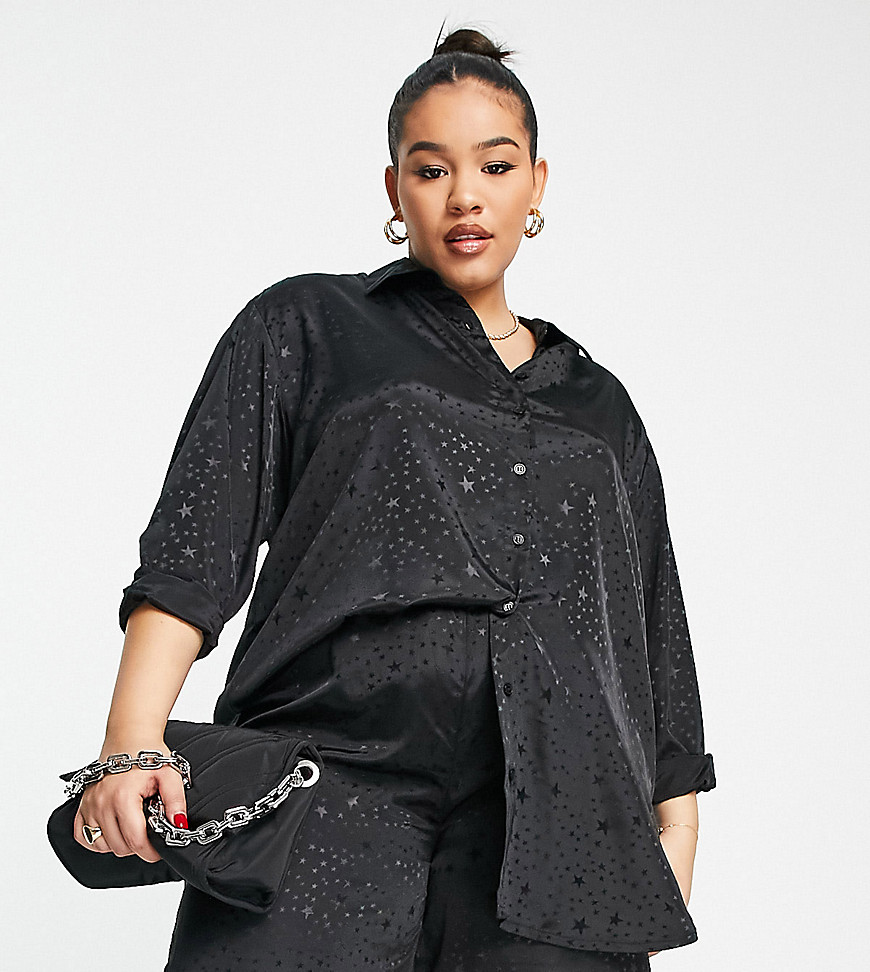 Simply Be satin star print shirt in black - part of a set