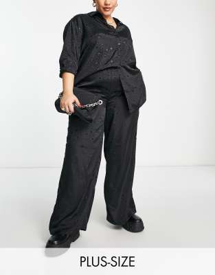 Simply Be satin star print wide leg pants in black - part of set