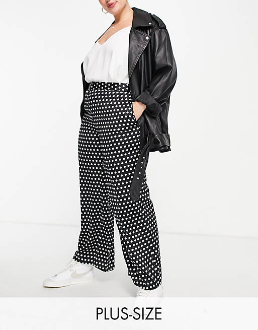 Simply Be satin wide leg trousers in black and white polka dot