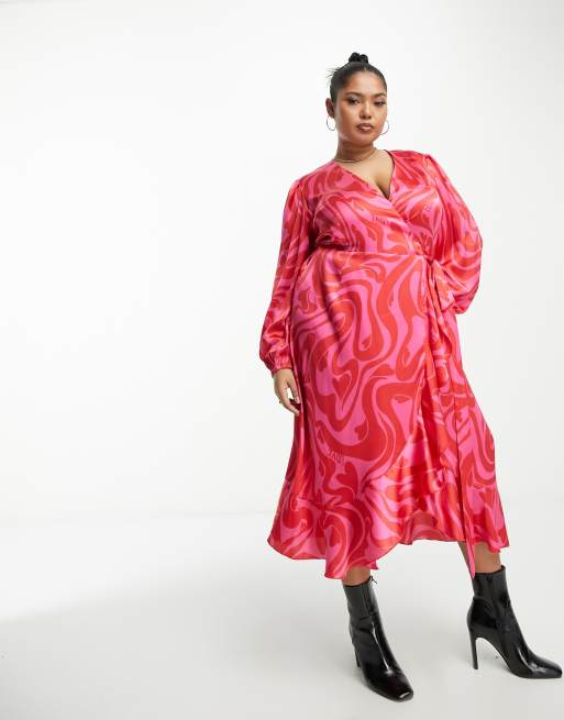 Simply Be satin wrap dress in pink swirl print | ASOS