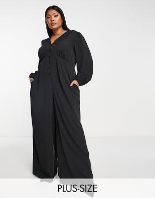 Simply Be - Schwarzer Jumpsuit mit durchgehendem Knopfverschluss, weitem Beinschnitt und Spitzendetail