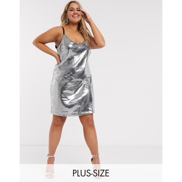 Simply Be sequin slip dress in silver ASOS