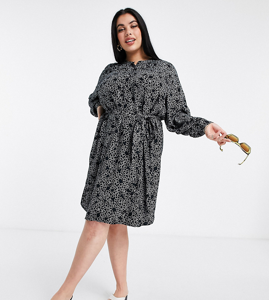 Simply Be shift dress with balloon sleeves in black print-Multi
