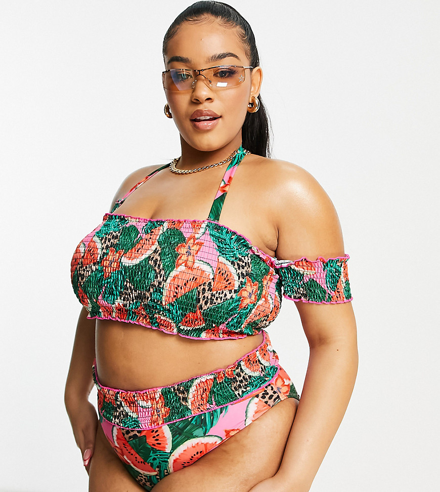 Simply Be shirred bandeau bikini set with removeable sleeves in tropical animal print-Multi
