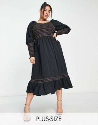 shirred midi dress with contrast stitching in black