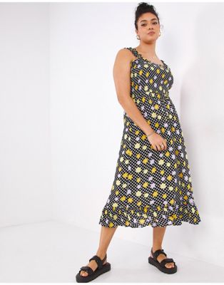 Simply Be shirred midi dress with frill straps in retro floral