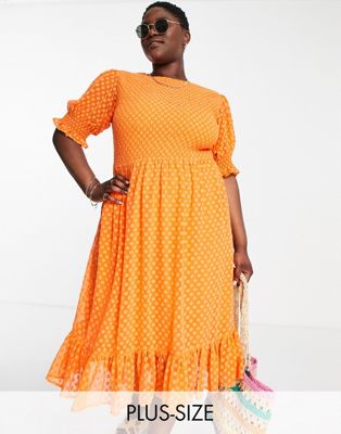 Simply Be shirred midi dress with puff sleeves In orange