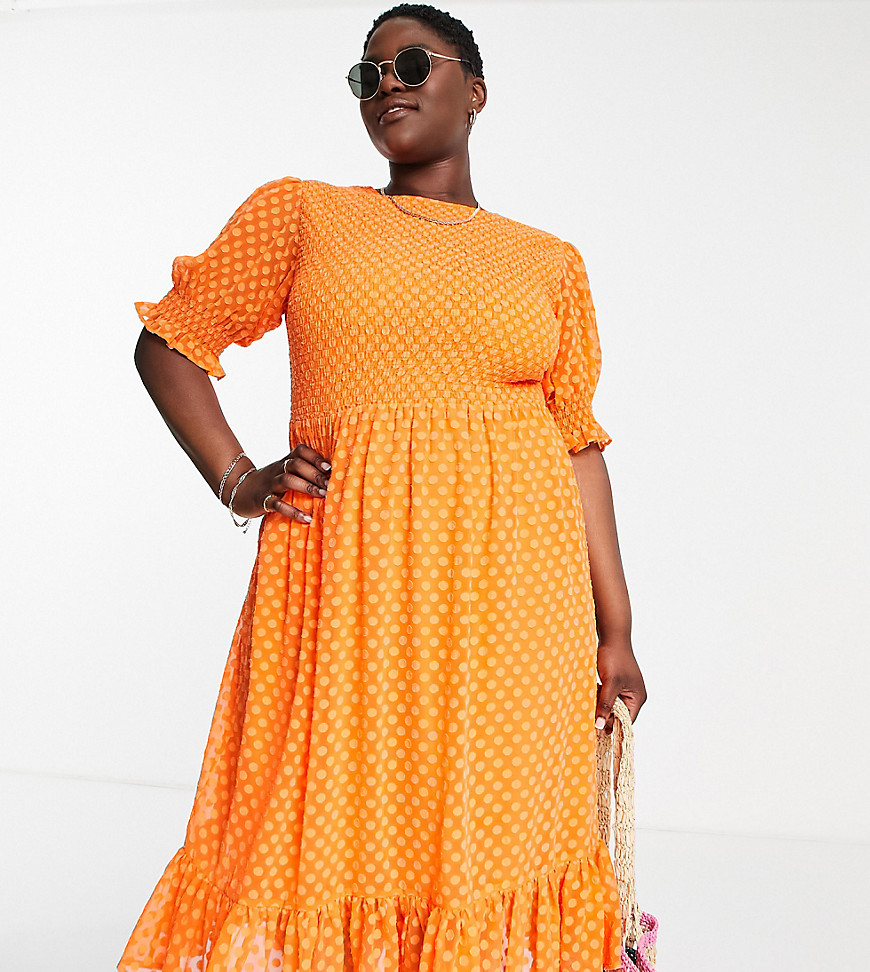 Simply Be shirred midi dress with puff sleeves in orange