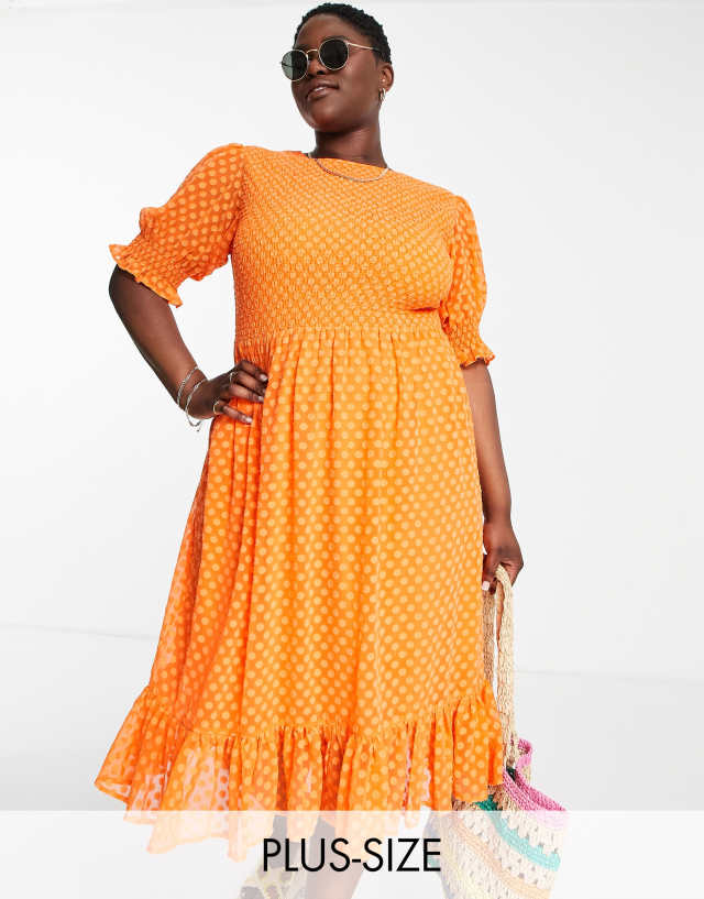 Simply Be shirred midi dress with puff sleeves in orange