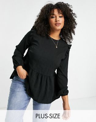 Simply Be shirred peplum top with frill shoulder in black