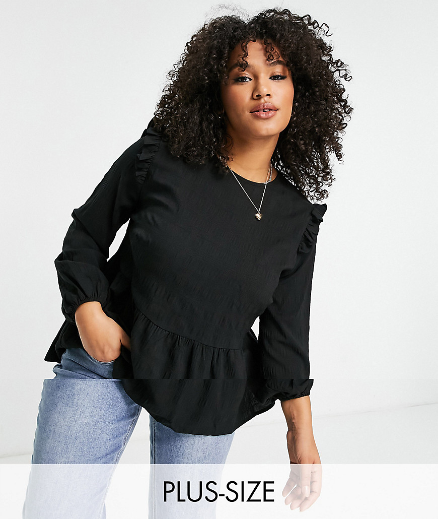 Simply Be shirred peplum top with ruffle shoulder in black