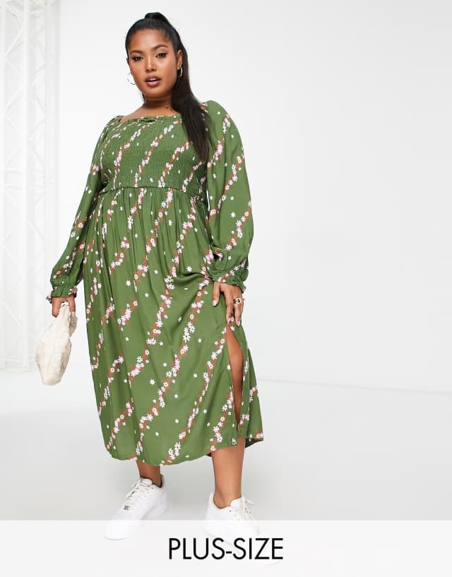 Simply Be shirred square neck midi floral dress with side slit in khaki