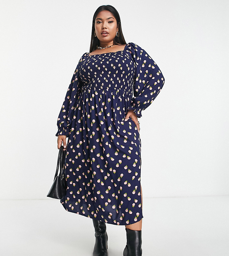Simply Be shirred square neck midi floral dress with side split in navy-Blue