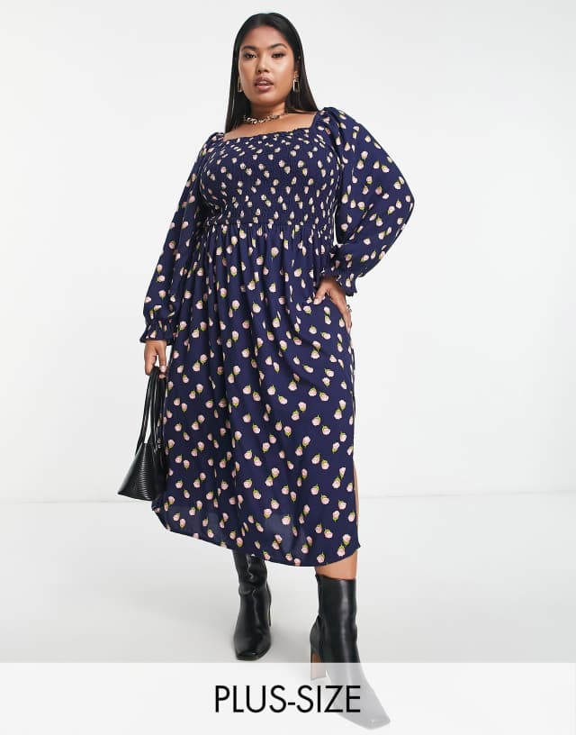 Simply Be shirred square neck midi floral dress with side split in navy