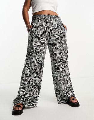 Simply Be shirred waist wide leg trousers in black zebra print