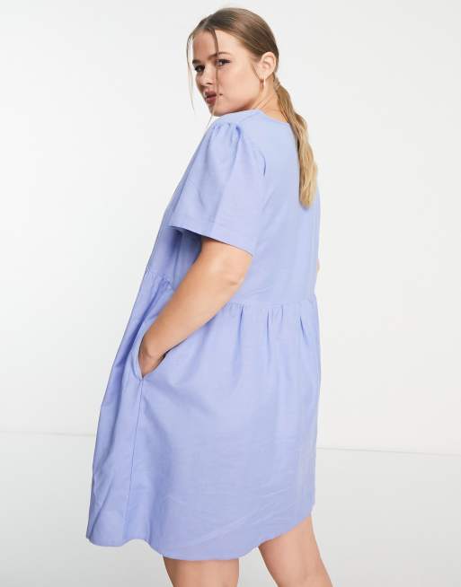 Simply Be short sleeve linen smock dress in powder blue, 2 of 4