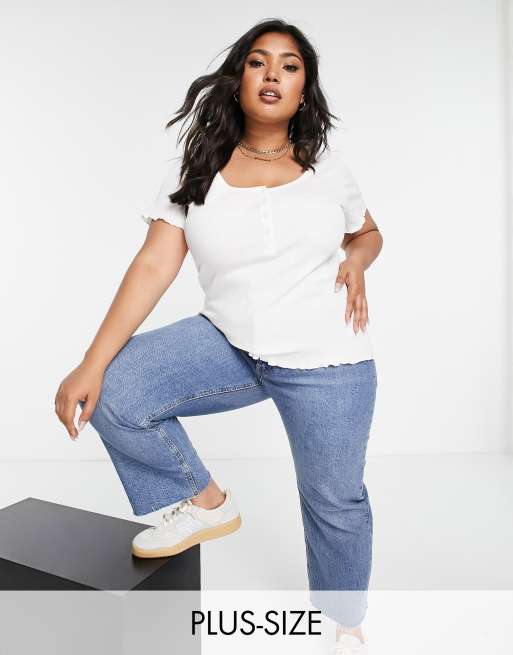 Simply Be short sleeve ribbed t-shirt with snaps detail in white
