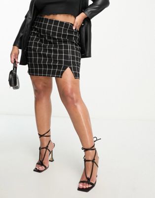 Simply Be side split mini skirt in black check
