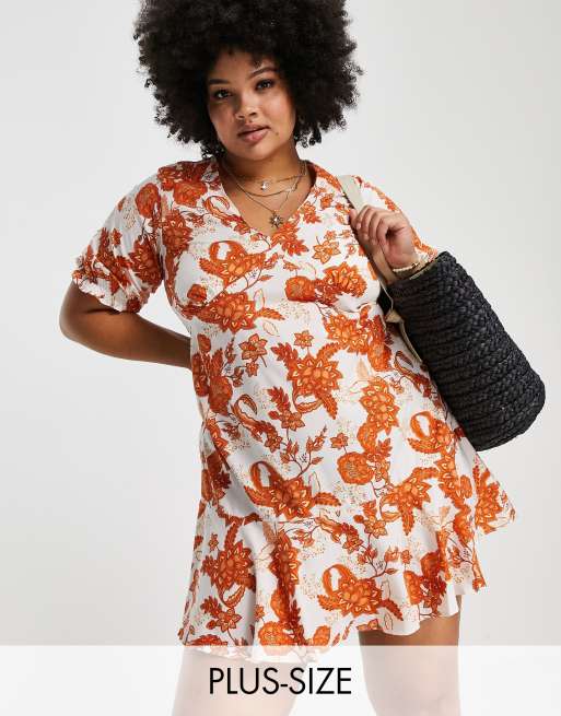 Simply Be skater dress in orange floral