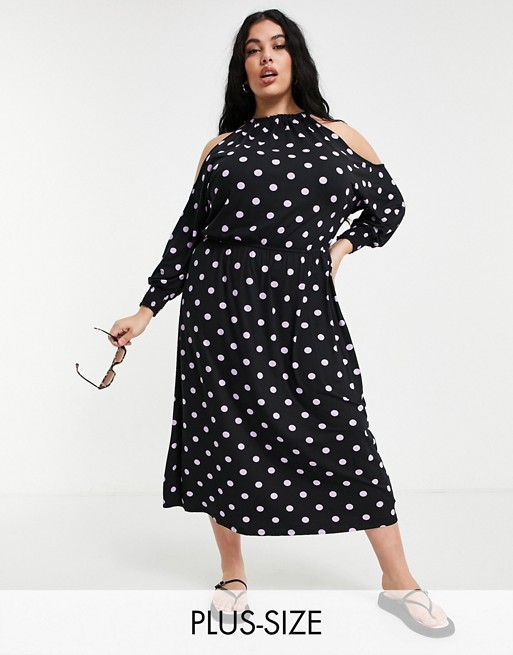 Simply Be skater dress with cold shoulder in black and lilac polka dot