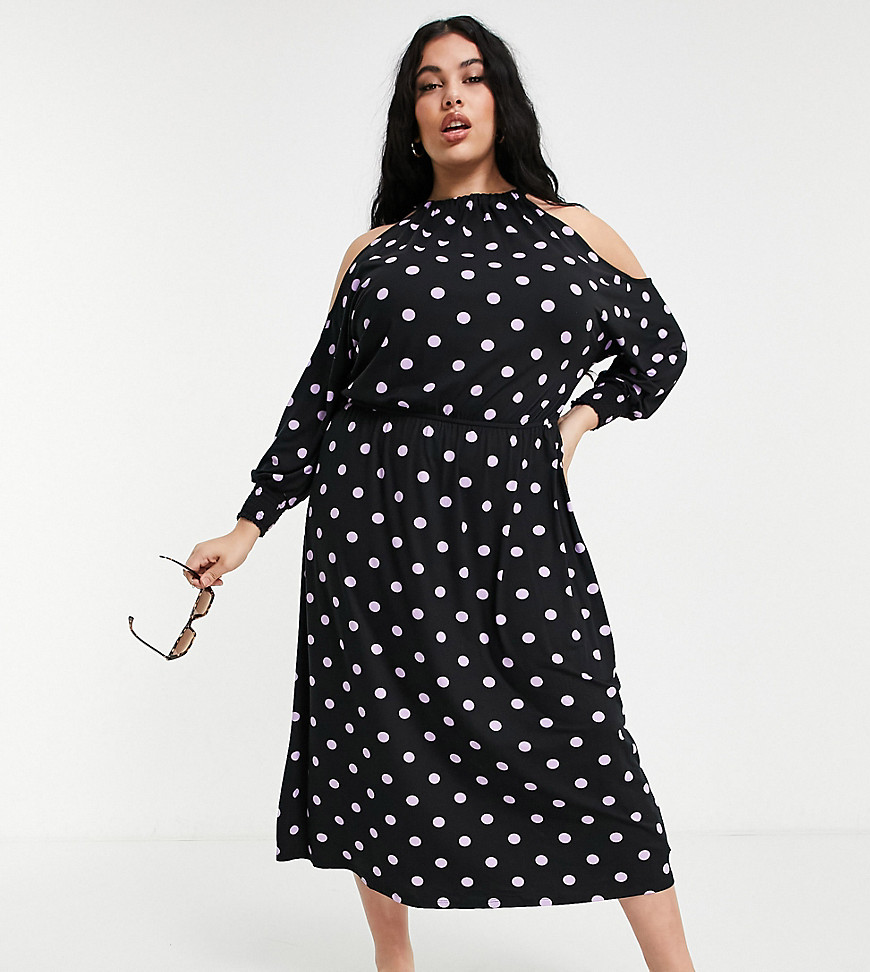 Simply Be skater dress with cold shoulder in black and lilac polka dot-Multi
