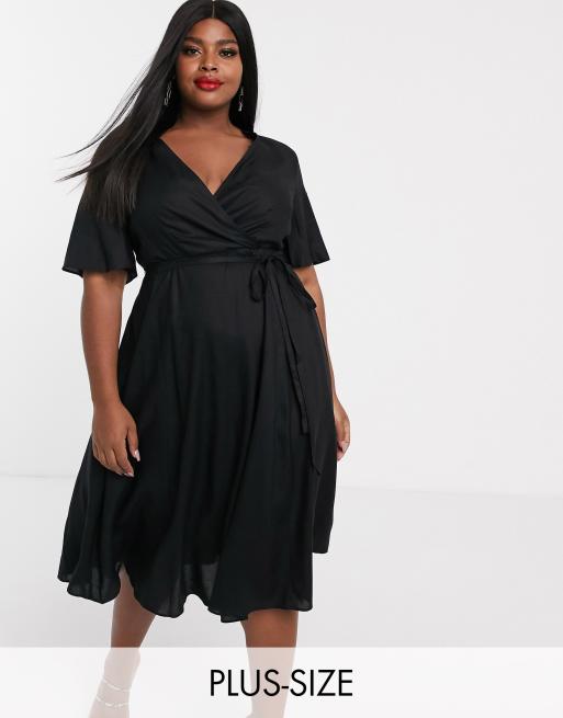 Simply Be skater midi dress with flutter sleeve in black | ASOS