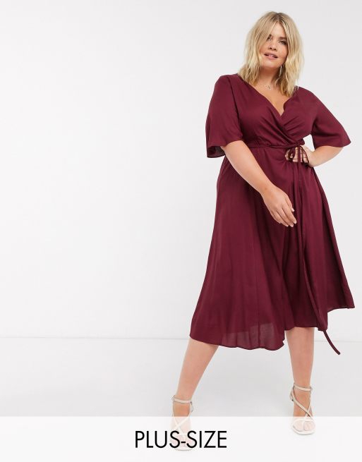 Simply Be skater midi dress with flutter sleeve in burgundy | ASOS