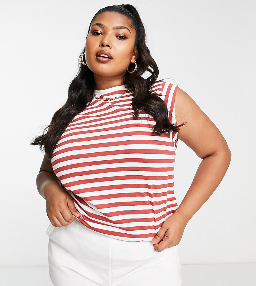 Simply Be Sleeveless Stripe Tee In Red And White Stripe