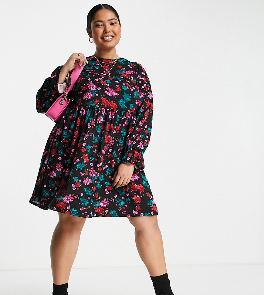 Simply Be Smock Dress With Frill Sleeves In Black Floral