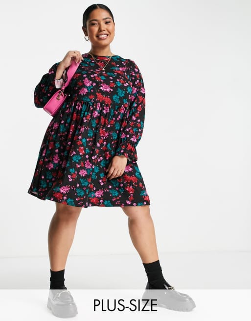 Simply Be smock dress with frill sleeves in black floral | ASOS