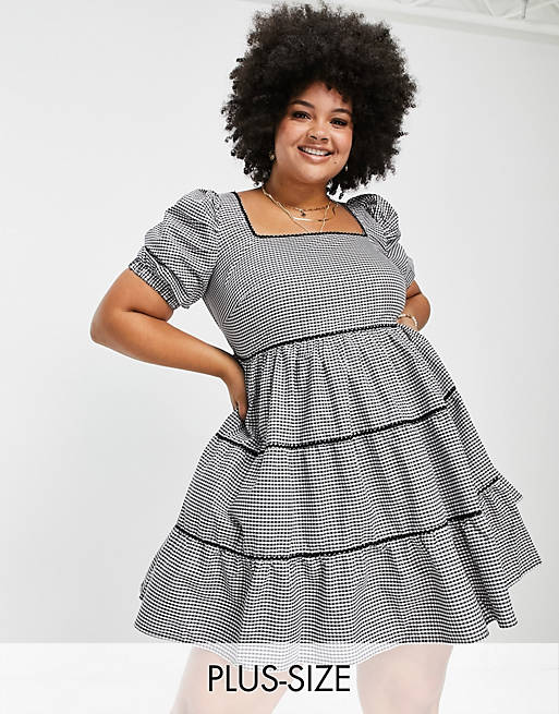 Simply Be smock dress with puff sleeves in black gingham check