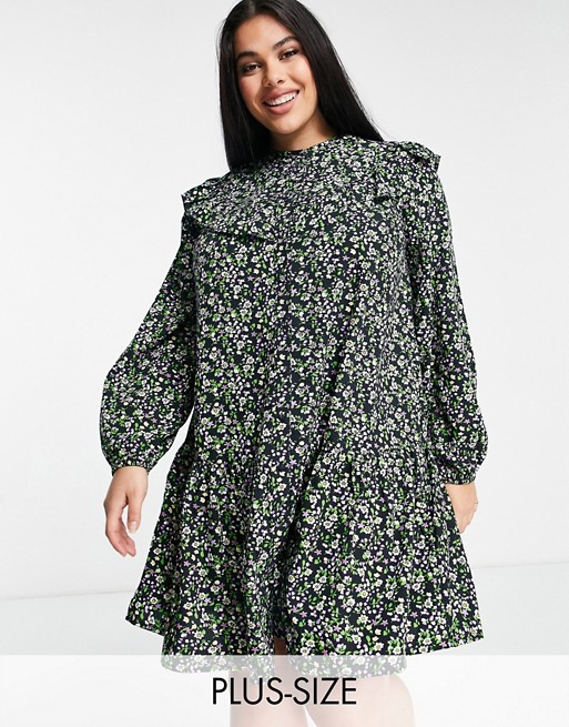 Simply Be smock dress with ruffle detail in floral print