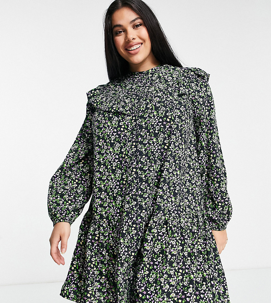 Simply Be smock dress with ruffle detail in floral print-Multi