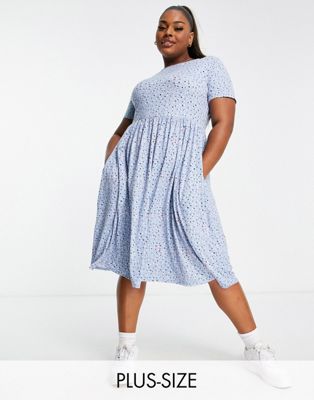 smock midi dress with pockets in blue ditsy floral