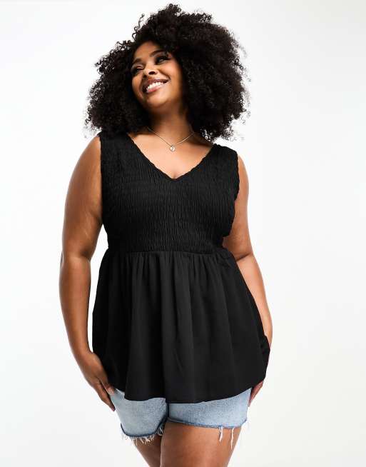 Simply Be - Sort peplum-top med V-hals og smock-syninger