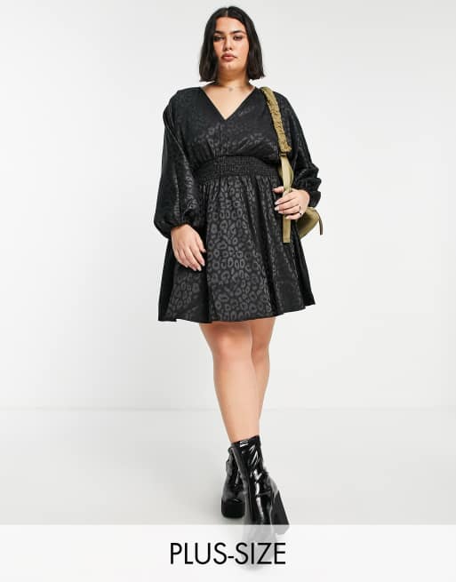 Simply Be - Sort skaterkjole i jacquardsatin med leopardprint