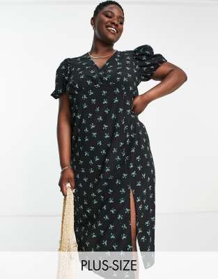 Simply Be Split Front Midi Dress In Black Floral