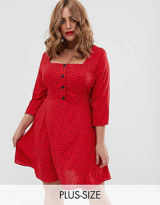 Simply Be square neck chiffon mini dress in red spot dot