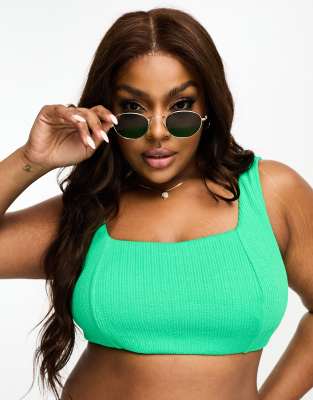 Simply Be square neck crinkle bikini top in bright green φωτογραφία