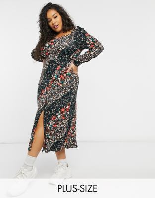 Simply Be square neck jersey midi dress with front slit-Multi