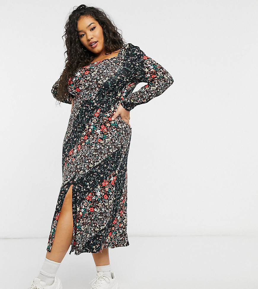 Simply Be square neck jersey midi dress with front slit-Multi