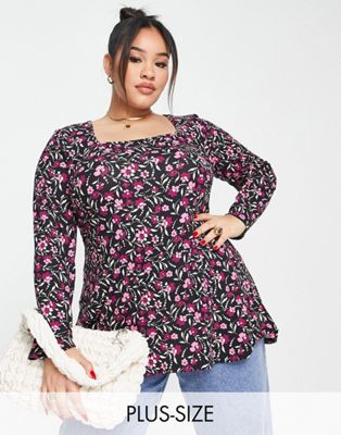 Simply Be square neck long sleeve peplum top in black floral