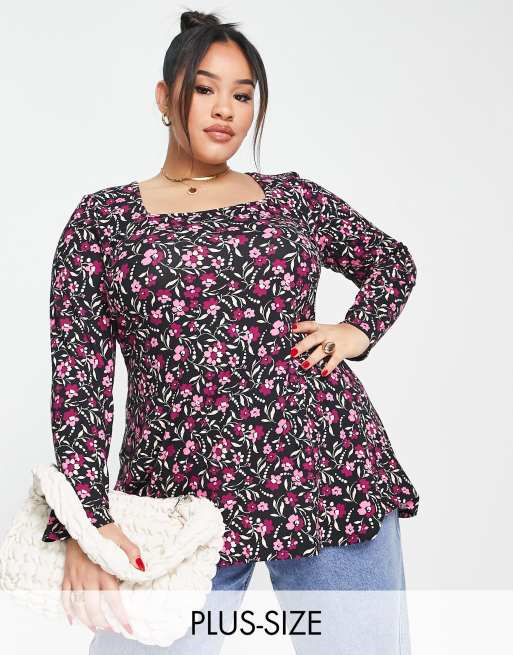 SHEIN Plus Square Neck Gathered Sleeve Peplum Top