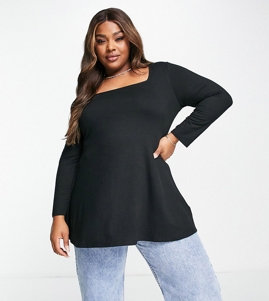 square neck long sleeve top in black