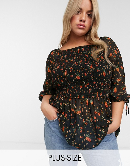 Simply Be square neck shirred blouse in floral print