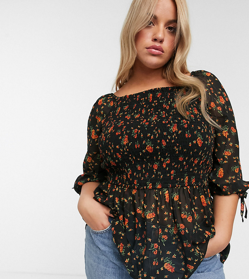Simply Be square neck shirred blouse in floral print-Multi